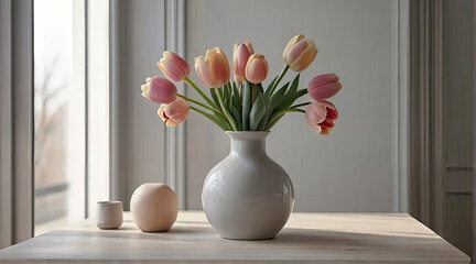 A ceramic white vase with a bouquet of red and yellow tulips stands on a table in front of the window