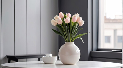 A ceramic white vase with a bouquet of tulips stands on the table in front of the window, a banner