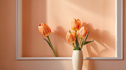 A bouquet of peach-colored tulips in a white vase on a plain wall background