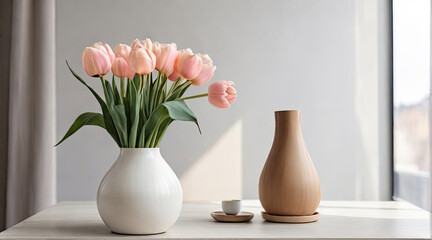 A ceramic white vase with a bouquet of tulips stands on the table in front of the window