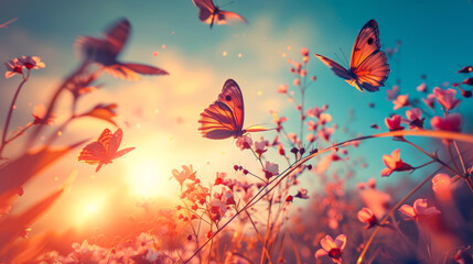 Macro of beautiful butterfly flying near flowers in spring at sunrise on light background