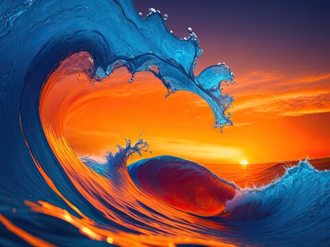 Take a picture of a vibrant wave on an orange and blue background in small sunset.