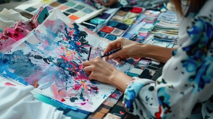 fashion designer working in studio selects textiles a vibrant array of fabric swatches and sketches, creative process in fashion design