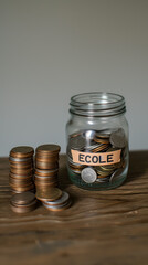 Un bocal en verre étiqueté "école" rempli de pièces de monnaie avec des piles de pièces à côté au format portrait.