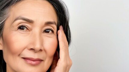 Closeup cut portrait of happy middle aged mature asian woman, senior older 50 year lady looking at camera touching her face isolated on white. Ads of eye lifting anti wrinkle skin care cream