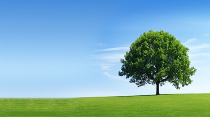 Fototapeta na wymiar tree in the field. A green deciduous tree on a green lawn or field against a blue sky background. Landscape, blank.