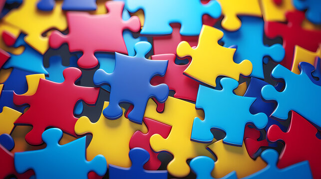 Colorful puzzle background on flat surface, scattered multi-color puzzle pieces