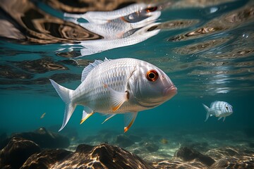 Naklejka premium Shoal of silver river fish swimming in crystal clear water underwater close-up view