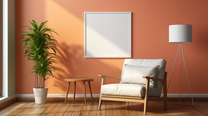 interior design furniture and mockup wooden frame artwork with peach fuzz color wall