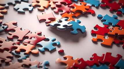 Obraz premium Colorful puzzle background on flat surface, scattered multi-color puzzle pieces