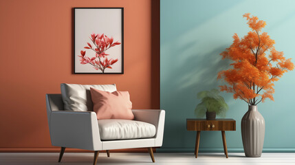 interior design furniture and mockup wooden frame artwork with peach fuzz color wall