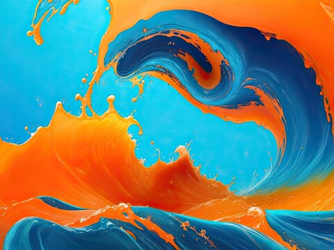 Take a picture of a vibrant wave on an orange and blue background in small sunset.