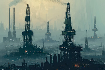 group of oil rigs in the middle of a city. The rigs are drilling for oil, and there are buildings and people in the background