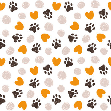 Pet paw print seamless pattern with circles and hearts. Hand drawn textured cat, dog repeat vector background. Animal print for fabric, paper design.