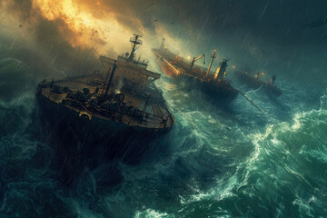 Fototapeta premium group of oil tankers in a stormy sea. The tankers are struggling to stay afloat, and there are waves crashing in the background
