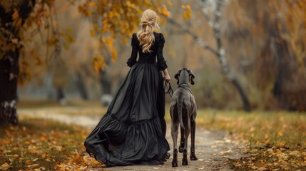 Elegant woman in a long black dress with her dog in an autumnal park.
