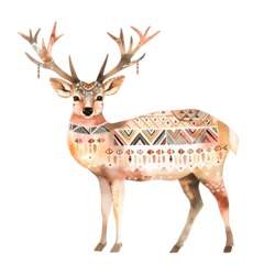 Schilderijen op glas Intriguing watercolor artwork featuring a bohemian-inspired deer embellished with intricate geometric designs. © JewJew