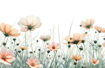 white background with flowers and green stems