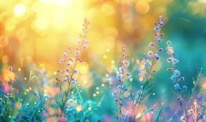 Fotobehang grassy bokeh sky with blue flowers © ArtCookStudio