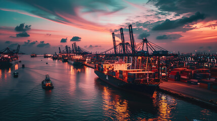 Fototapeta premium A bustling port with cranes and cargo ships against the backdrop of a stunning sunset sky reflecting on the water.