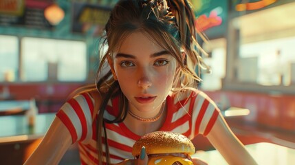 Young woman with ponytail and striped shirt holding a cheeseburger in a diner.