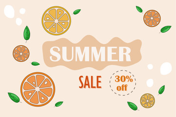 Sale 30 off. Banner with special sale with pieces of oranges and leaves - vector illustration - summer mood