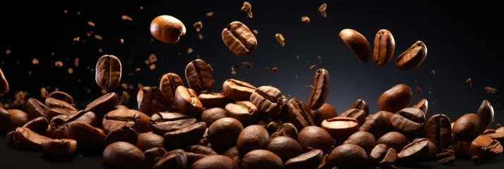  Closeup Roasted Coffee Beans in flight On Dark Background © inthasone