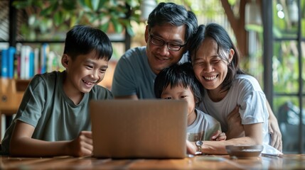 Latin parents and their two children are happily engaging in online entertainment on a laptop - obrazy, fototapety, plakaty