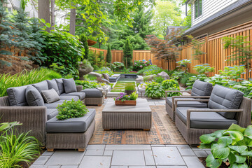 Harmony at Home: Inviting Blend of Indoor and Outdoor Living in a Tranquil Garden Oasis - obrazy, fototapety, plakaty