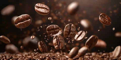 Keuken spatwand met foto Closeup Roasted Coffee Beans in flight On Dark Background © inthasone