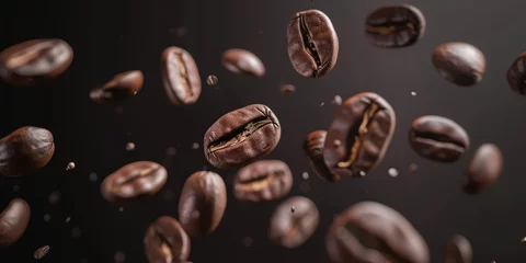 Fotobehang Closeup Roasted Coffee Beans in flight On Dark Background © inthasone