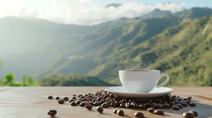 Foto op Canvas Hot coffee in a white coffee cup and many coffee beans placed around on a wooden table with a backdrop of high mountain views in the morning. © inthasone