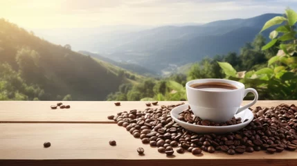 Deurstickers Hot coffee in a white coffee cup and many coffee beans placed around on a wooden table with a backdrop of high mountain views in the morning. © inthasone
