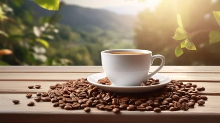 Foto op Plexiglas Hot coffee in a white coffee cup and many coffee beans placed around on a wooden table with a backdrop of high mountain views in the morning. © inthasone