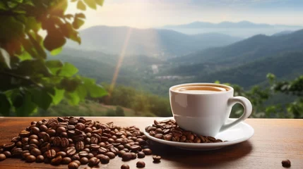 Fotobehang Hot coffee in a white coffee cup and many coffee beans placed around on a wooden table with a backdrop of high mountain views in the morning. © inthasone
