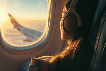 model flying on a plane with a window and a wing in the background and a headphones and a pillow on their head - obrazy, fototapety, plakaty