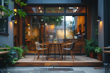Twilight Tranquility: Minimalist Coffee Shop's Outdoor Oasis in Soft Architectural Glow