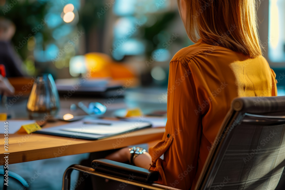 Poster model missing their work with a meeting and a table in the background and a folder and a badge on th