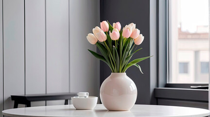 A ceramic white vase with a bouquet of tulips stands on the table in front of the window, a banner