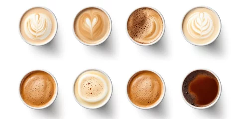 Cercles muraux Café Set of paper takeaway cups of different latte art and black coffee isolated on a white background, top view