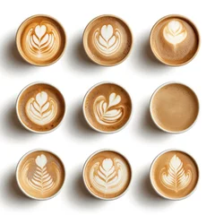 Zelfklevend Fotobehang Set of paper takeaway cups of different latte art isolated on a white background, top view © inthasone