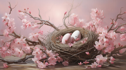 Różowe tło na życzenia Wielkanocne. Alleluja - Wesołych świąt Wielkiej Nocy. Jajka, kwiaty i...