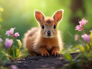 Naklejka na ściany i meble A Springtime Encounter: The Curious Squirrel Amidst Vibrant Blossoms in a Sunlit Garden, generative AI