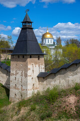 Pskovo-Pechersky Monastery on a spring day. Pechory, Pskov region, Russia