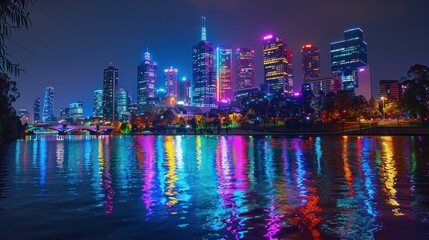 Obraz premium Vibrant city skyline at night, illuminated by a colorful array of lights and skyscrapers