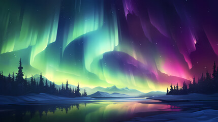 Northern Lights, Aurora Borealis, Snowy Mountains at Night