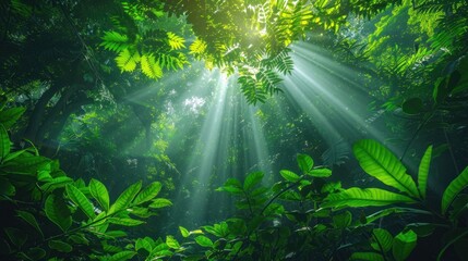 Obraz premium Lush green forest canopy with rays of sunlight streaming through the dense foliage