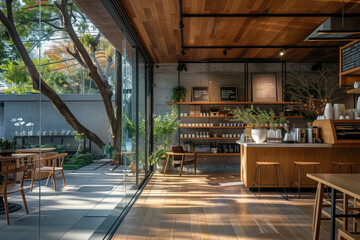 Afternoon Tranquility: Minimalist Coffee Shop's Sleek Outdoor Design in Bright Daylight