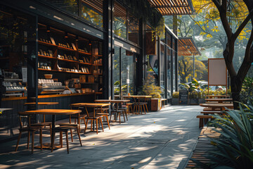 Afternoon Tranquility: Minimalist Coffee Shop's Sleek Outdoor Design in Bright Daylight