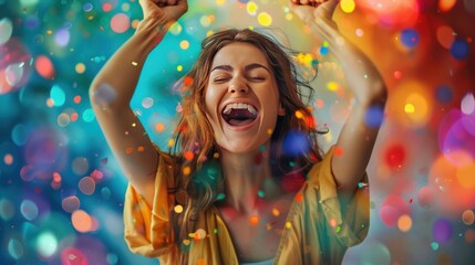 Image of a jubilant woman celebrating loudly with her fist raised in victory after winning the lottery